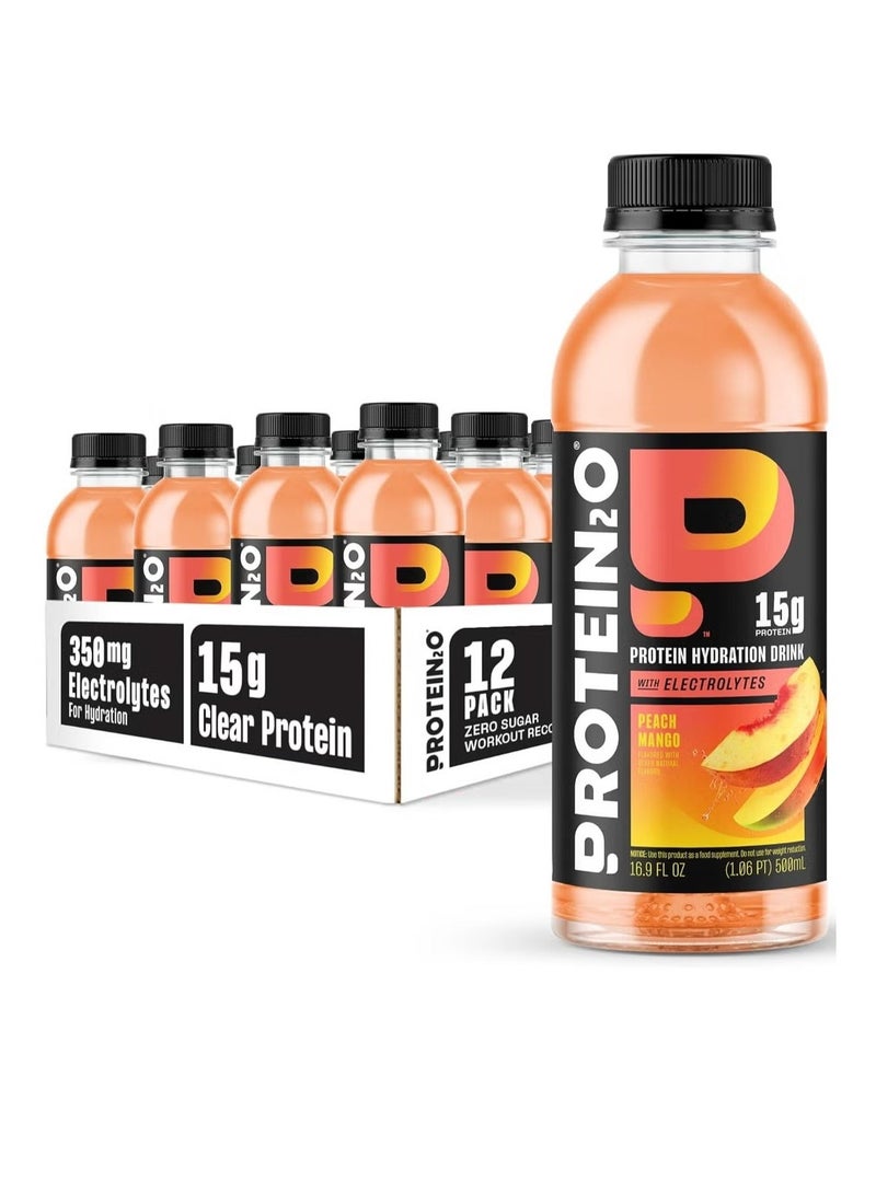 PROTEIN20 Protein2o Infused Water + Energy Peach Mango 500ml – Pack of 12 - Image 1