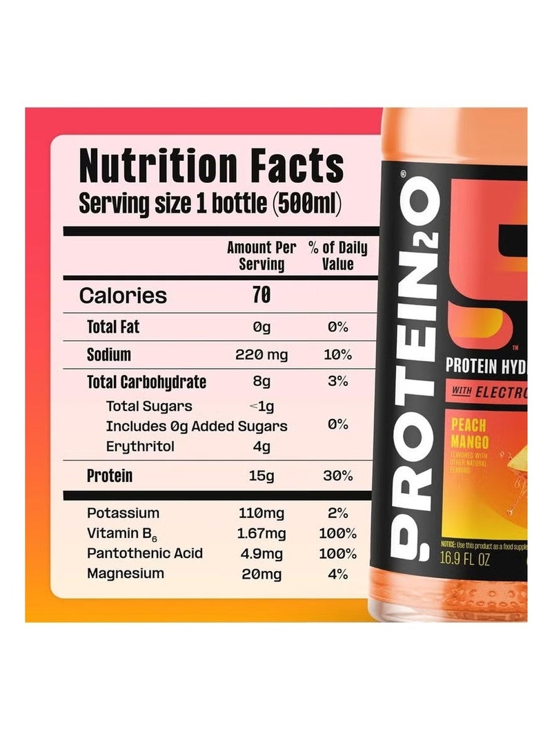 PROTEIN20 Protein2o Infused Water + Energy Peach Mango 500ml – Pack of 12 - Image 2