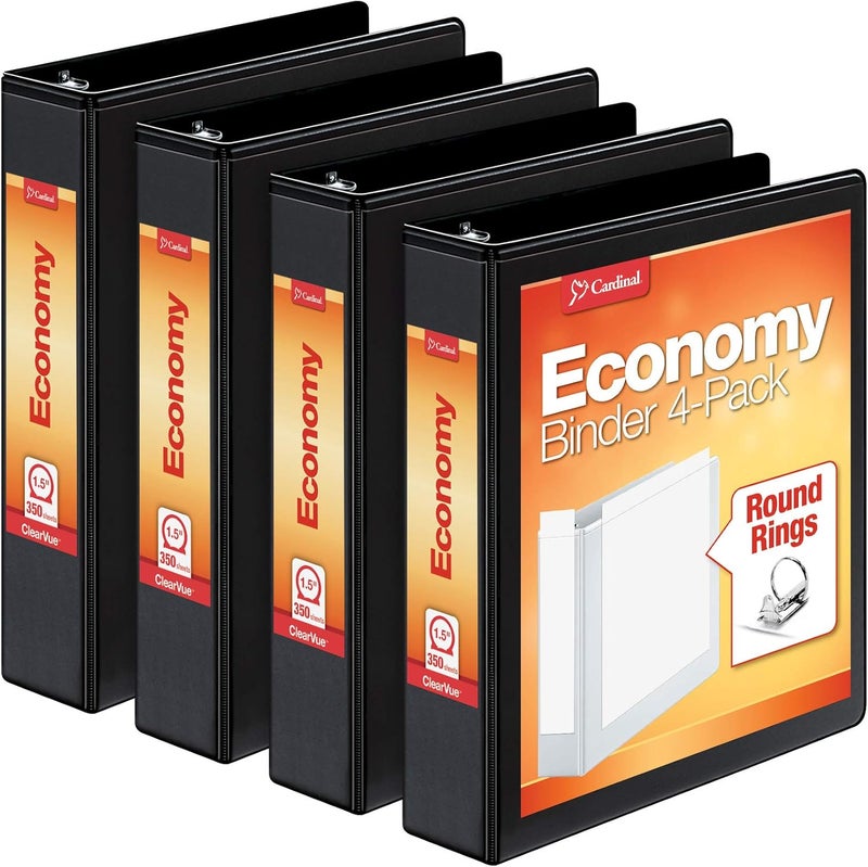 Cardinal Economy 3 Ring Binder, 1.5 Inch, Presentation View, Black, Holds 350 Sheets, Nonstick, PVC Free, 4 Pack of Binders (79519) - Image 1
