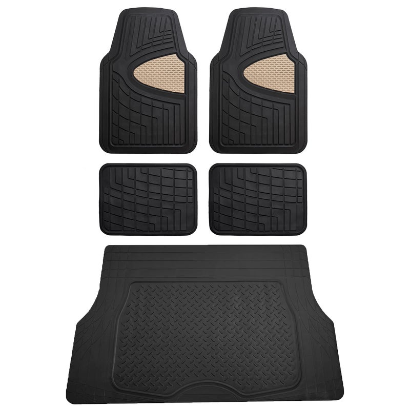 FH Group Premium Liners Tall Channel Trimmable All Weather Rubber Full Set Car Floor Mats (Beige) w. Trimmable All-Season Cargo Liner (Black) - Universal Fit for Cars Trucks and SUVs - Image 1