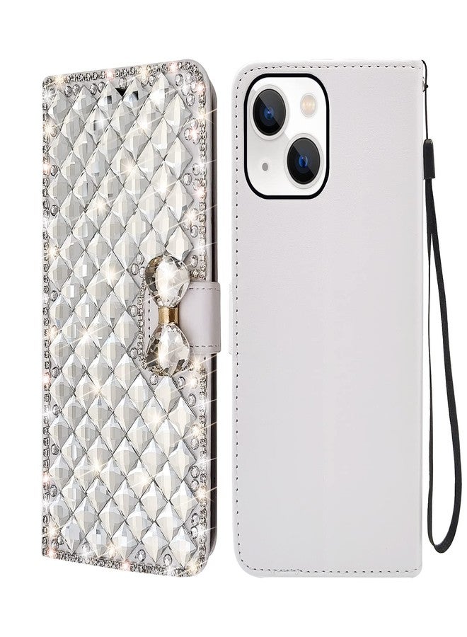 أوميو جراب محفظة فاخر من أوميو متوافق مع آيفون 14 بلس، مزين بالترتر اللامع وحامل بطاقات مرصع بالألماس، جراب أنيق للنساء والفتيات مع حامل، مزين بفيونكة كريستالية براقة، مقاوم للصدمات، مانع للانزلاق، غطاء قلاب عصري لهاتف آيفون 14 بلس، لون أبيض - Image 2
