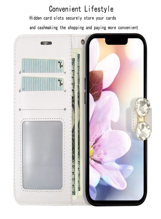 أوميو جراب محفظة فاخر من أوميو متوافق مع آيفون 14 بلس، مزين بالترتر اللامع وحامل بطاقات مرصع بالألماس، جراب أنيق للنساء والفتيات مع حامل، مزين بفيونكة كريستالية براقة، مقاوم للصدمات، مانع للانزلاق، غطاء قلاب عصري لهاتف آيفون 14 بلس، لون أبيض - Image 5