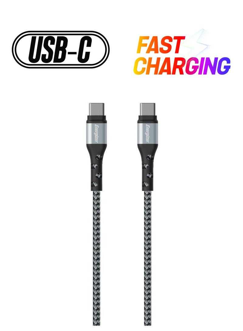 Energizer Ultimate Metal Braided Type-C To Type-C Cable, Compatible With Quick Charge, High-Twist Resistance, Fast Charging Cable, Compatible With iPhone 15, 2M Silver - Image 1