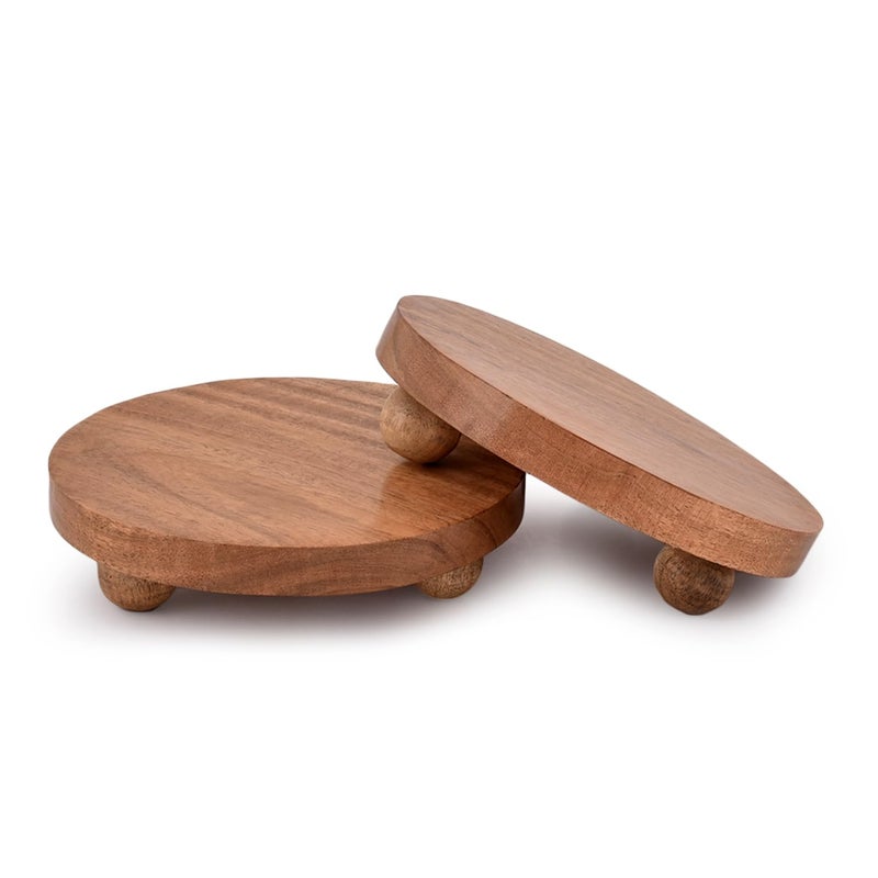 NIRMAN Display Stand Round Acacia Wood Stand for Display Wooden Stand for Kitchen/Bathroom Counter/Plant Stand (5.5" x 5.5" x 1.5"), (Set of 2) - Image 1