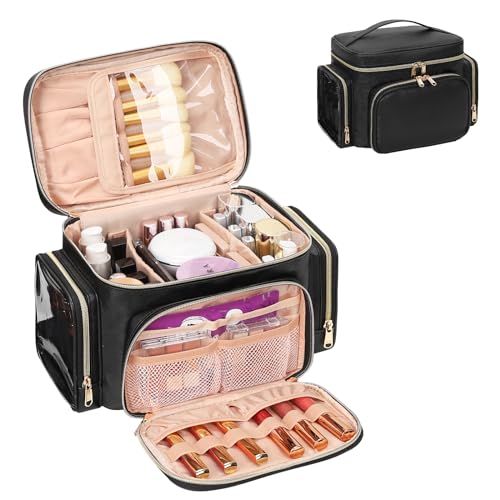 Bagmoly Large Makeup Bag, Portable Travel Makeup Bag Organizer for Women Girls with Makeup Brush Compartment & Two Side Pockets, Cosmetic Travel Bag Vertical Storage Toiletry Bag - Black - Image 1