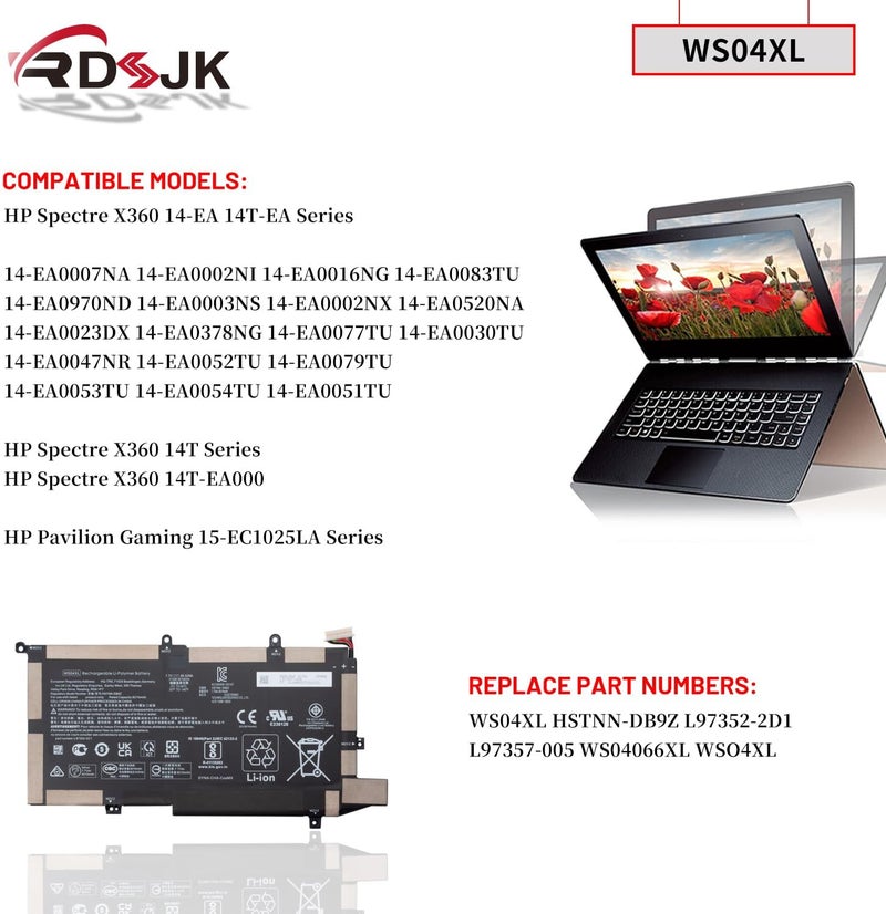 WS04XL Laptop Battery for HP Spectre X360 14-EA 14T-EA000 14-EA0007NA 14-EA0002NI 14-EA0003NS 14-EA0002NX 14-EA0520NA 14-EA0023DX 14-EA0378NG 14-EA0051TU HSTNN-DB9Z L97352-2D1 L97357-005 7.7V 66.52Wh - Image 3