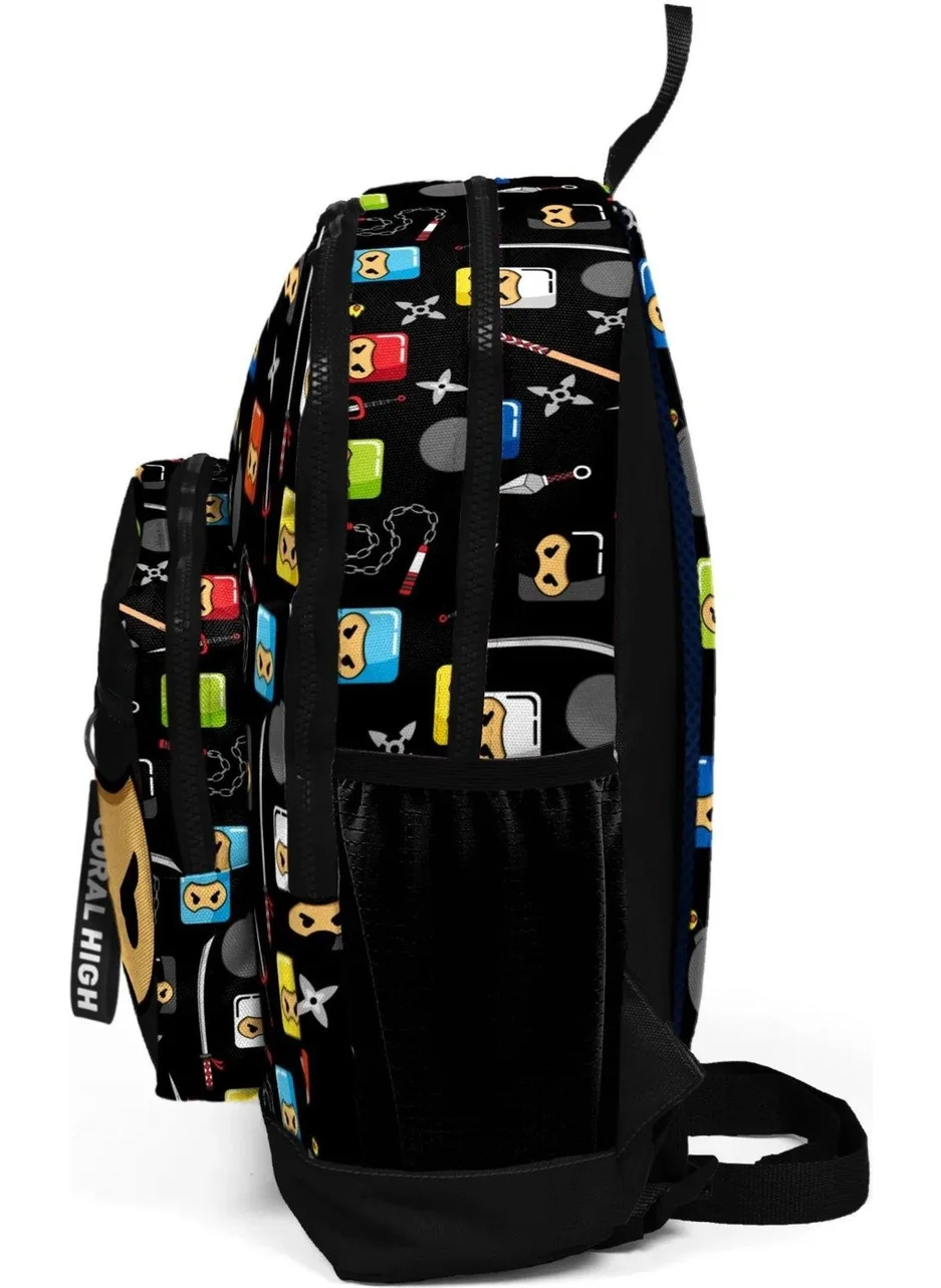 كورال هاي Kids Black Ninja Patterned Four Compartment School Backpack 23473