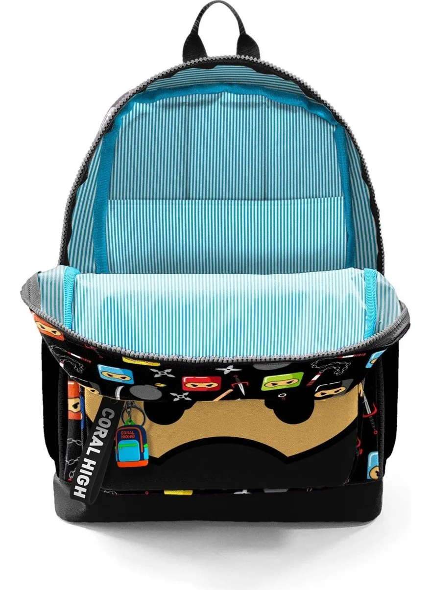 كورال هاي Kids Black Ninja Patterned Four Compartment School Backpack 23473