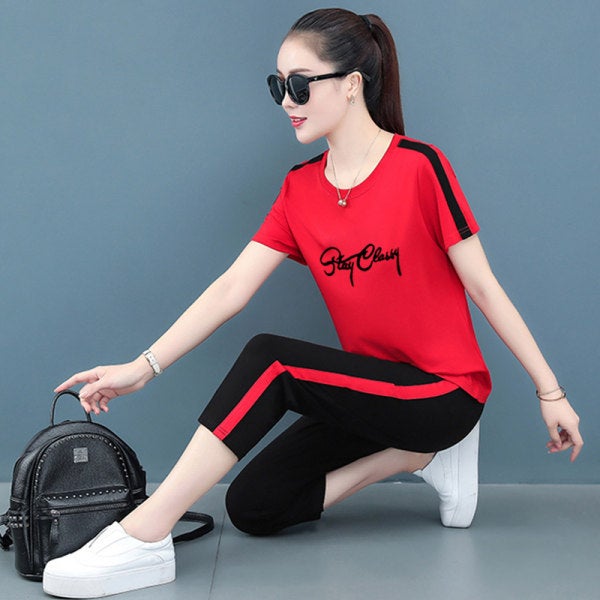 Generic 2022 Summer Fashion Casual Womens Sport Suit 6622 red suit cropped pants 