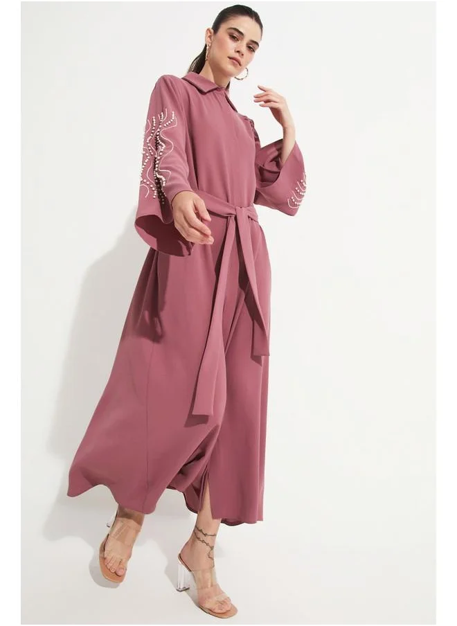 جون June Embroidered Detailed Shirt Neck Dress Rose