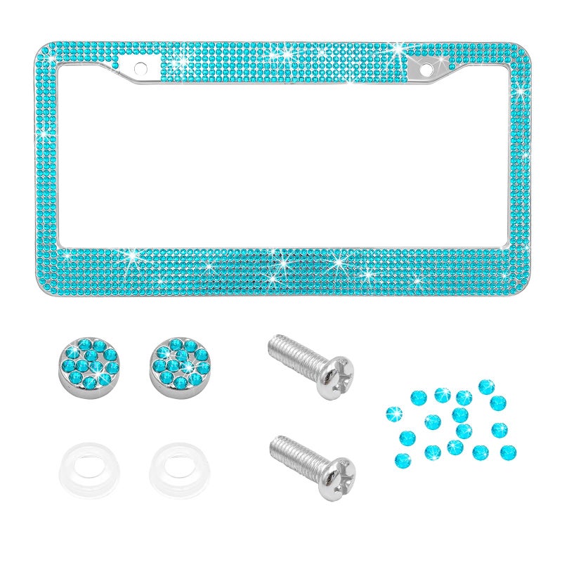 SHMZK Bling Car License Plate Frame Handcrafted Rhinestone License Plate Frame with Glitter Screw Caps Sparkly Bedazzled Diamond Stainless Steel License Plate Holder for Women Lake Blue - Image 3