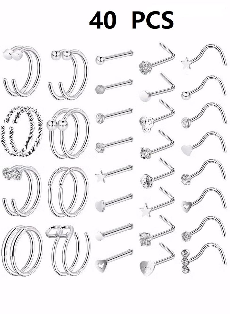 40 PCS 20G Nose Rings for Women Nose Piercings Jewelry Gold Nose Rings Hoops Nose Studs Screw for Women Men 316L Stainless Steel for Women Men Body Jewelry - Image 1