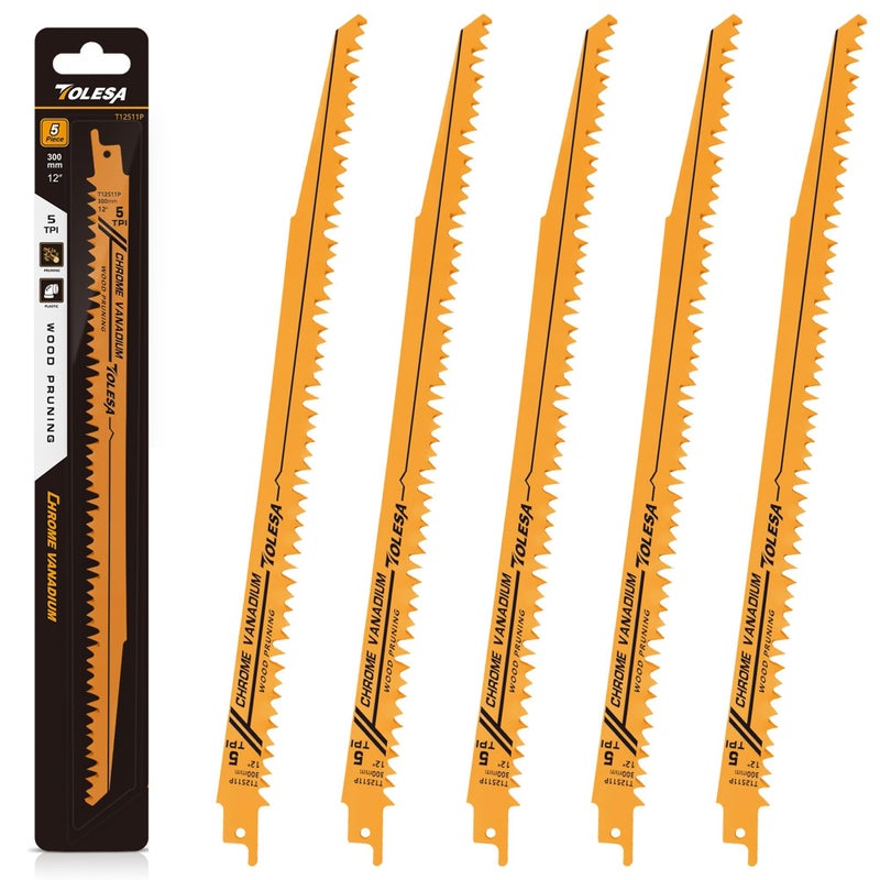 TOLESA CR-V 12 Inch Reciprocating Saw Blades 5 TPI (5 Pack), Wood Pruning Sawzall Blades for Tree Trimming Cutting - Image 1