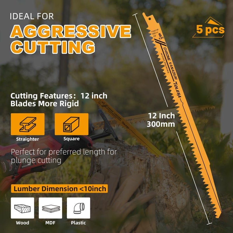 TOLESA CR-V 12 Inch Reciprocating Saw Blades 5 TPI (5 Pack), Wood Pruning Sawzall Blades for Tree Trimming Cutting - Image 4