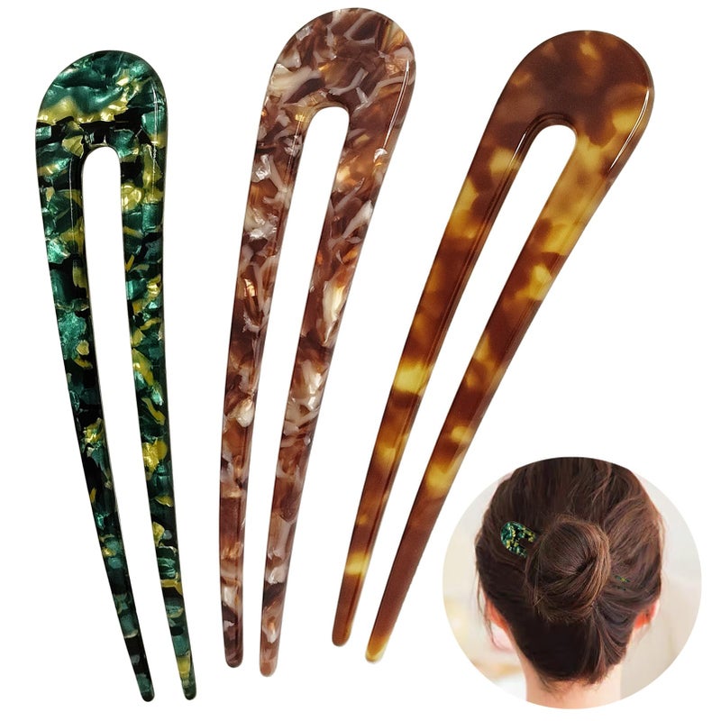 HYFEEL French Hair Pins U Shape Updo Hair Forks 2 Prong Bun Twist Chignon Stick Clips for Women Hair Accessories, 3 Pcs (Green,Tortoise,Brown Floral) - Image 1