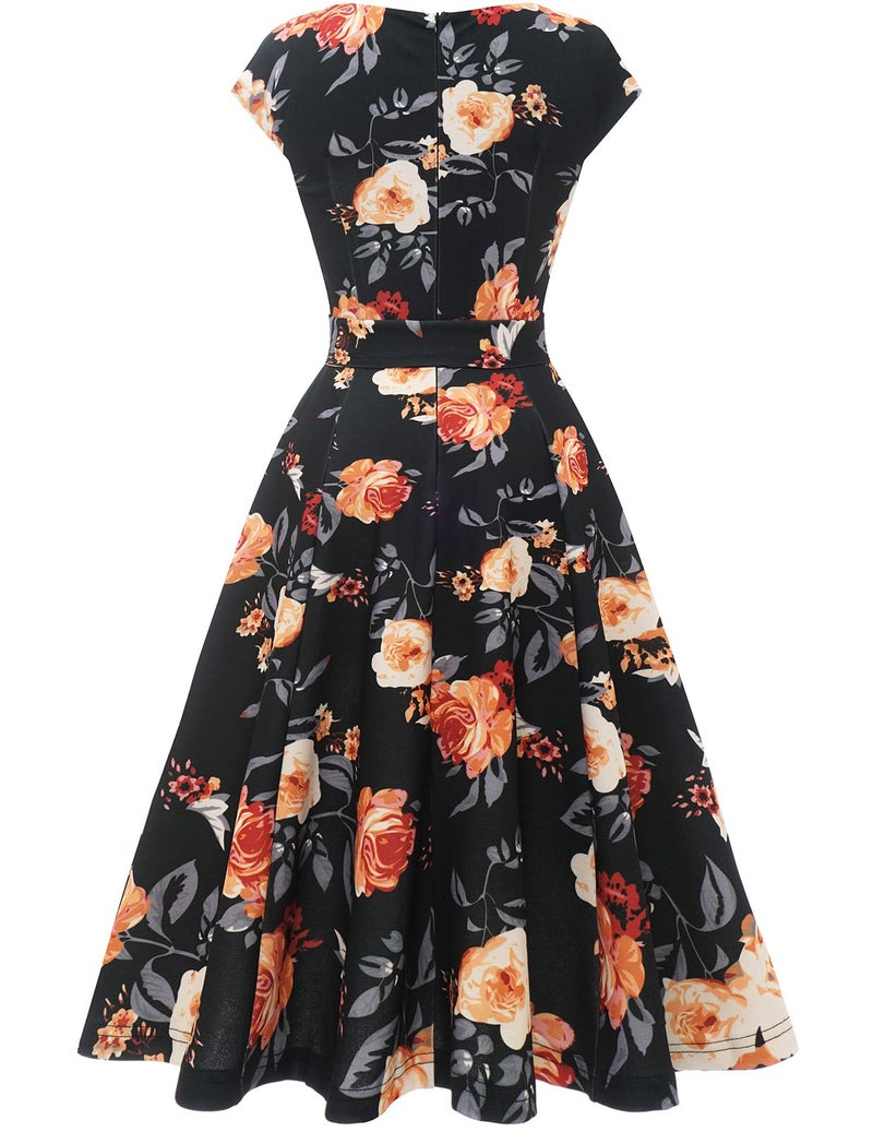 DRESSTELLS Women's Coctail Dresses for Floral Spring Summer Wedding Guest Formal Easter Party Aline Vintage Knee Length Swing Dress Print Black Yellow Flower M - Image 2