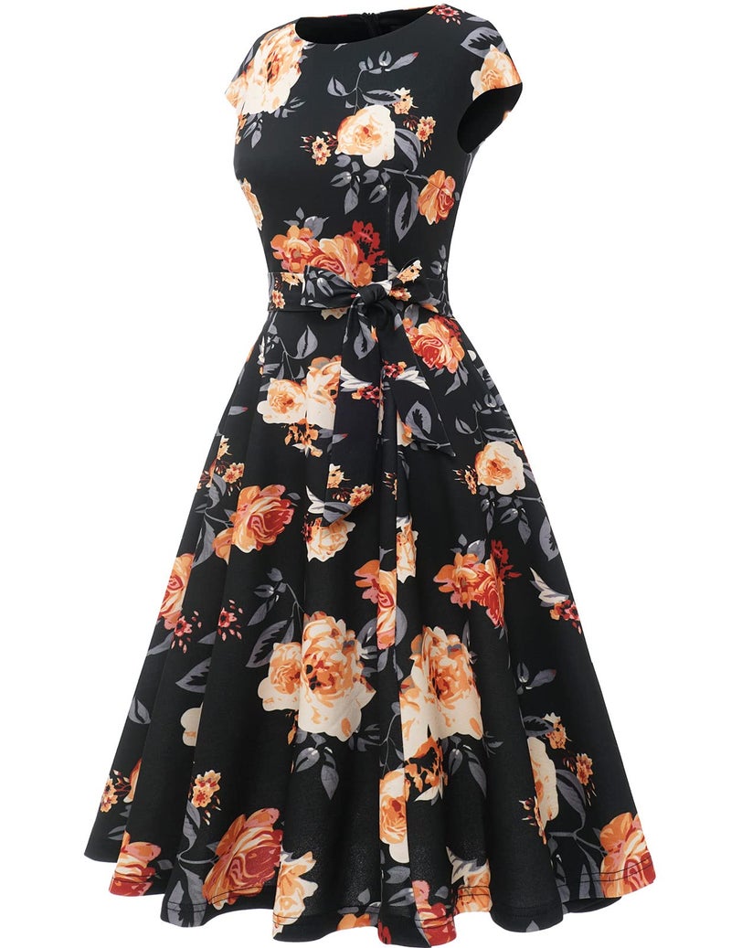 DRESSTELLS Women's Coctail Dresses for Floral Spring Summer Wedding Guest Formal Easter Party Aline Vintage Knee Length Swing Dress Print Black Yellow Flower M - Image 4