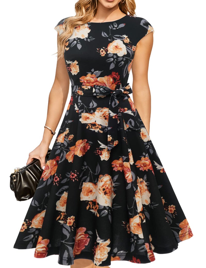 DRESSTELLS Women's Coctail Dresses for Floral Spring Summer Wedding Guest Formal Easter Party Aline Vintage Knee Length Swing Dress Print Black Yellow Flower M - Image 1