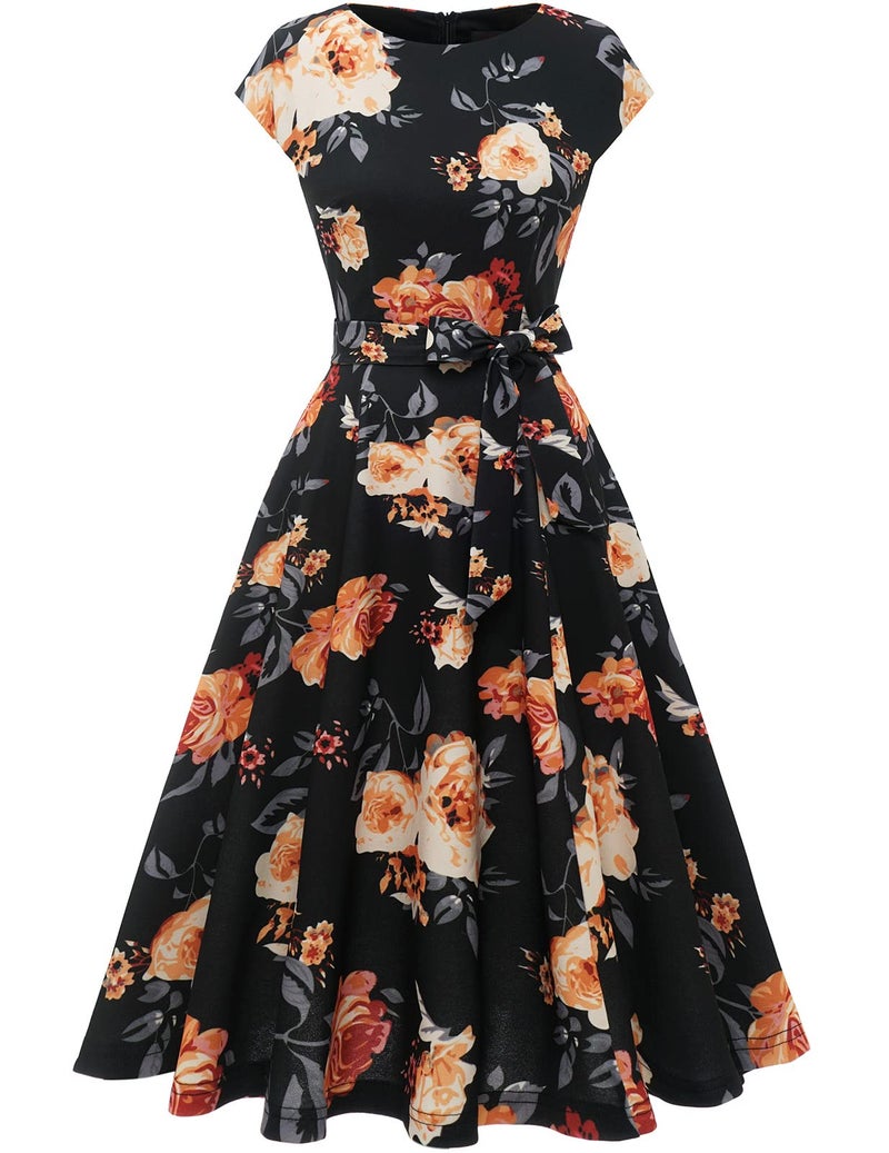 DRESSTELLS Women's Coctail Dresses for Floral Spring Summer Wedding Guest Formal Easter Party Aline Vintage Knee Length Swing Dress Print Black Yellow Flower M - Image 3