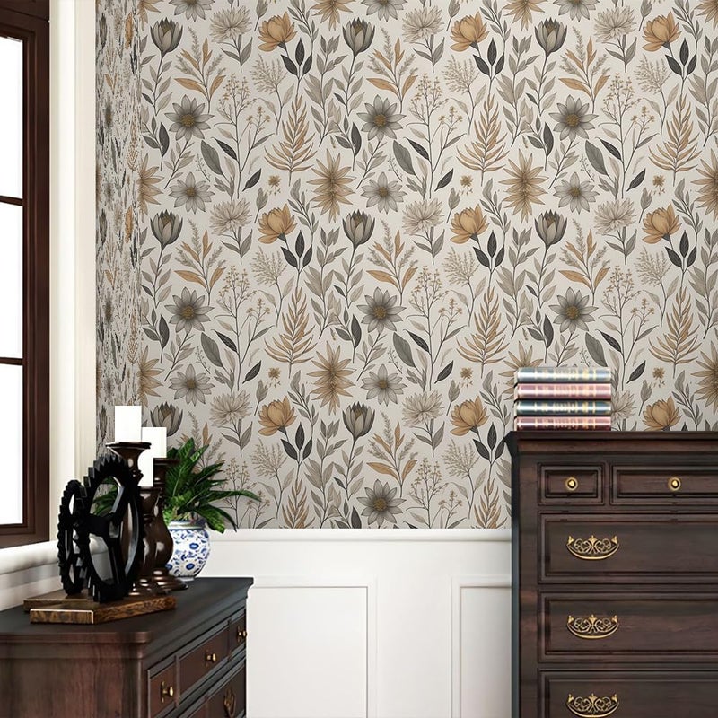 REDAMANCY Neutral Boho Gray Flower Leaves Modern Abstract Peel and Stick Wallpaper Vintage Wall Paper Stick on Contact Paper Easy Peel Off for nightstand Drawer Renter Friendly 17.7"x236" - Image 2