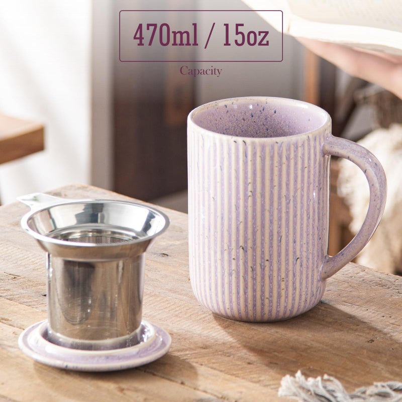 Yundu 15.5oz/470ml Flambe Purple Ceramics Teacups with Infuser and Lid, Loose Leaf Tea Cup - Image 2