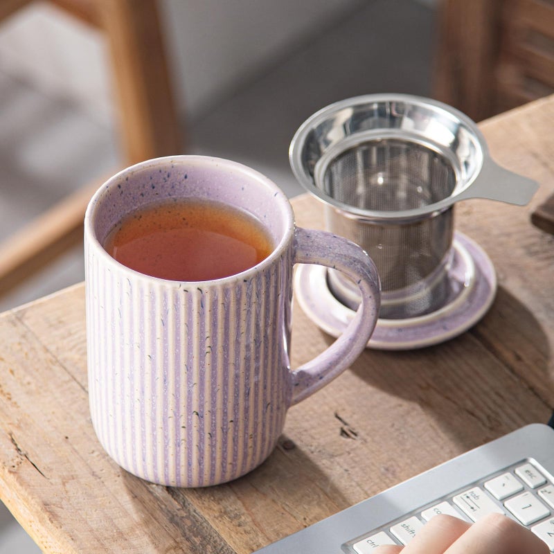 Yundu 15.5oz/470ml Flambe Purple Ceramics Teacups with Infuser and Lid, Loose Leaf Tea Cup - Image 3