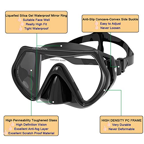WACOOL Professional Snorkeling Snorkel Diving Scuba Package Set with Anti-Fog Coated Glass Purge Valve and Anti-Splash Silicon Mouth Piece for Men Women (Adults,Black+Black) - Image 5