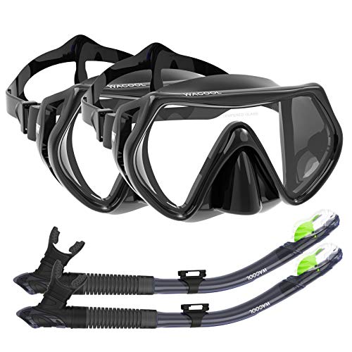 WACOOL Professional Snorkeling Snorkel Diving Scuba Package Set with Anti-Fog Coated Glass Purge Valve and Anti-Splash Silicon Mouth Piece for Men Women (Adults,Black+Black) - Image 1
