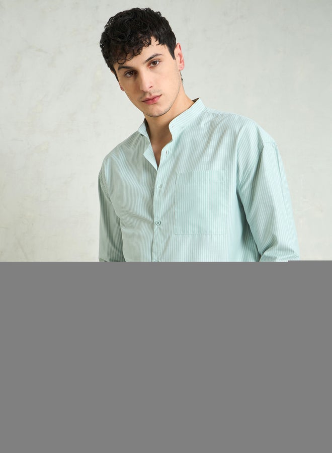 SASSAFRAS Men Green Striped Mandarin Collar Relaxed Fit Shirt - Image 3