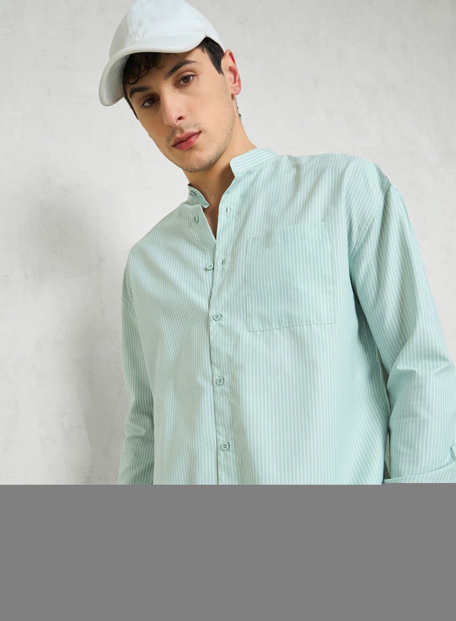 SASSAFRAS Men Green Striped Mandarin Collar Relaxed Fit Shirt - Image 1