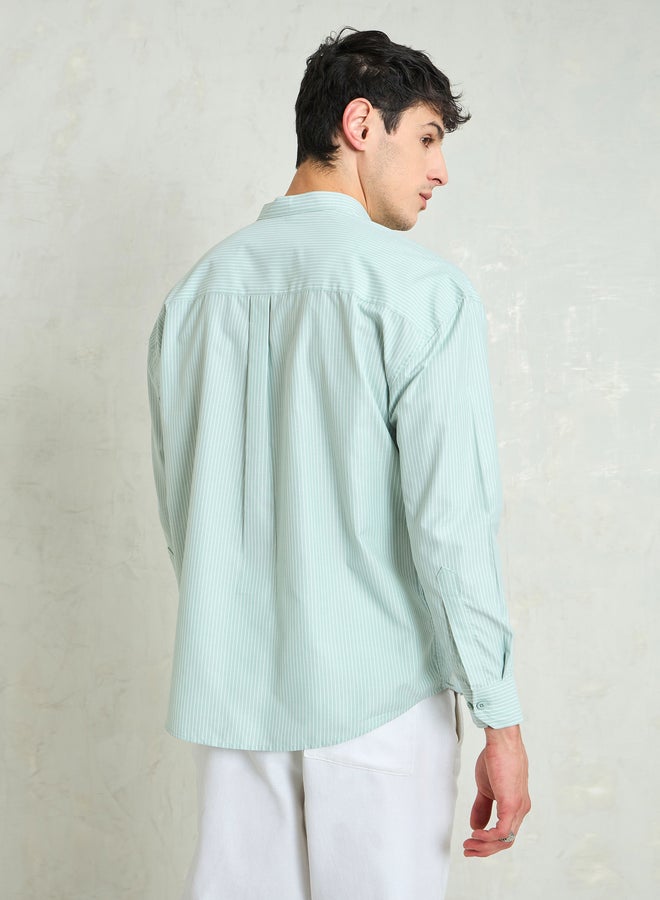 SASSAFRAS Men Green Striped Mandarin Collar Relaxed Fit Shirt - Image 5