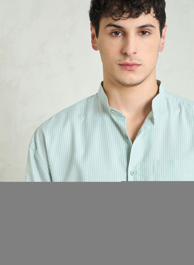 SASSAFRAS Men Green Striped Mandarin Collar Relaxed Fit Shirt - Image 4