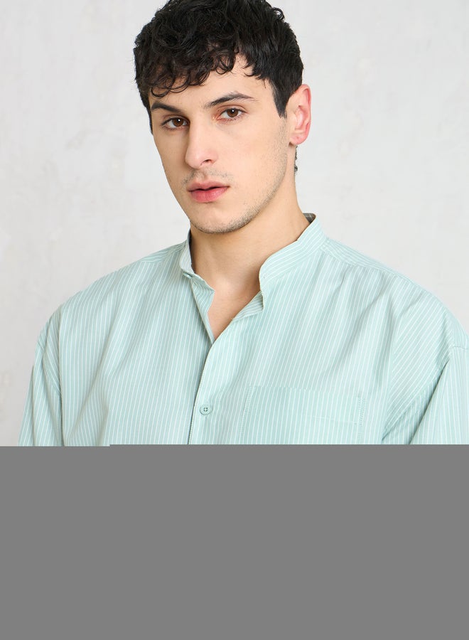 SASSAFRAS Men Green Striped Mandarin Collar Relaxed Fit Shirt - Image 2