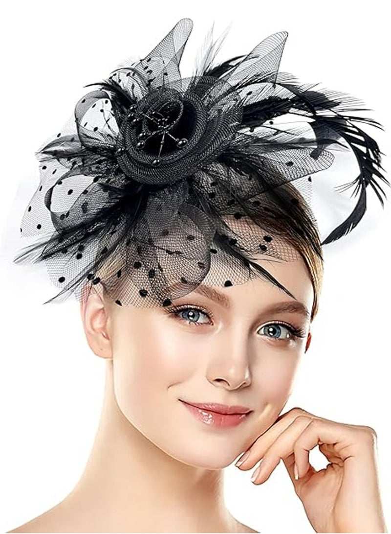 اليدوية العروس شبكة الشعر اكسسوارات حفل الزفاف صورة قبعة الرأس الأسود، هالوين سحر قبعة للنساء حفل الشاي ريشة الرأس ماردي غراس كوكتيل قبعة حفلات الزفاف - Image 1