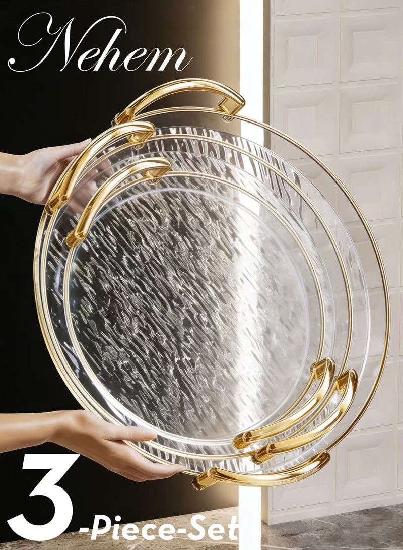 نيم صحون تقديم 3 قطعة صينية تموج فاخرة للضيافة - صينية تقديم كبيرة متعددة الاستخدام مع ومقابض معدنية | هدايا للضيافة المنزلية وحفلات القهوة والمكسرات والفواكه - Image 2