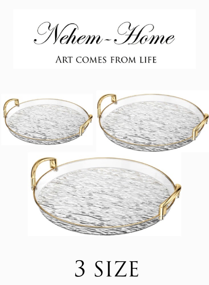 نيم صحون تقديم 3 قطعة صينية تموج فاخرة للضيافة - صينية تقديم كبيرة متعددة الاستخدام مع ومقابض معدنية | هدايا للضيافة المنزلية وحفلات القهوة والمكسرات والفواكه - Image 1