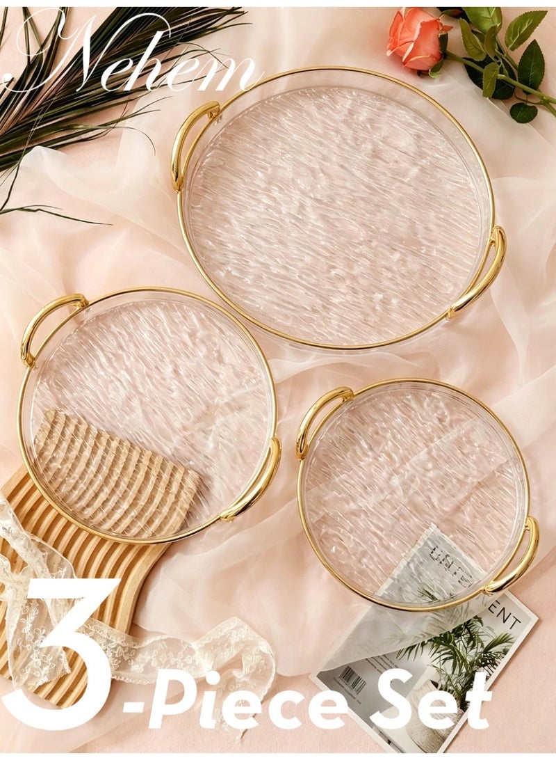nehem 3 PCS Clear Serving Tray, With Polished Metal Handles, Serving Plate, Wavy Pattern Clear Tray, Spill-Proof Tray, Decorative Serving Tray for Coffee Table, Tea, Storage - Image 1