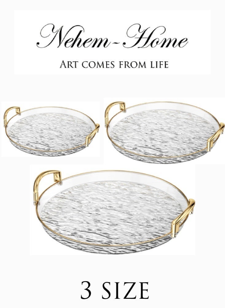 nehem 3 PCS Clear Serving Tray, With Polished Metal Handles, Serving Plate, Wavy Pattern Clear Tray, Spill-Proof Tray, Decorative Serving Tray for Coffee Table, Tea, Storage - Image 5