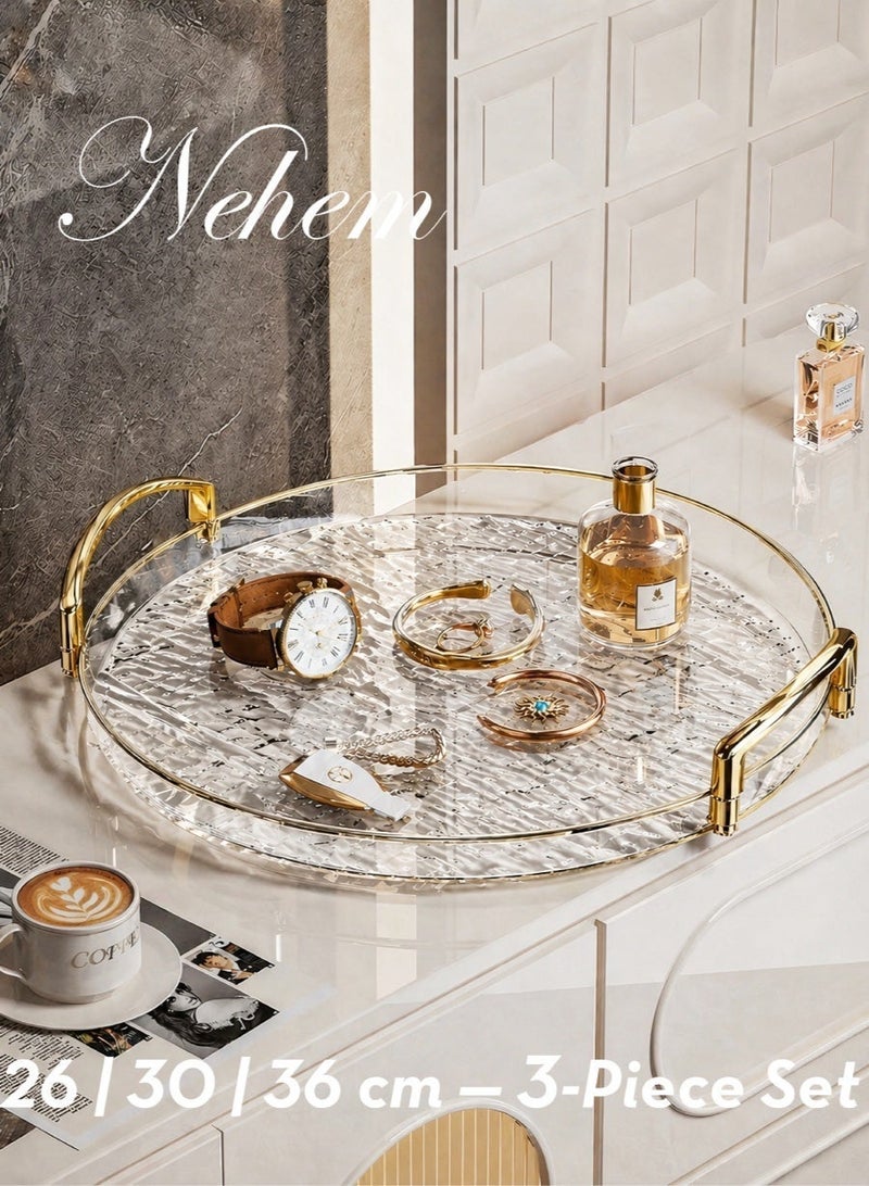 nehem 3 PCS Clear Serving Tray, With Polished Metal Handles, Serving Plate, Wavy Pattern Clear Tray, Spill-Proof Tray, Decorative Serving Tray for Coffee Table, Tea, Storage - Image 3