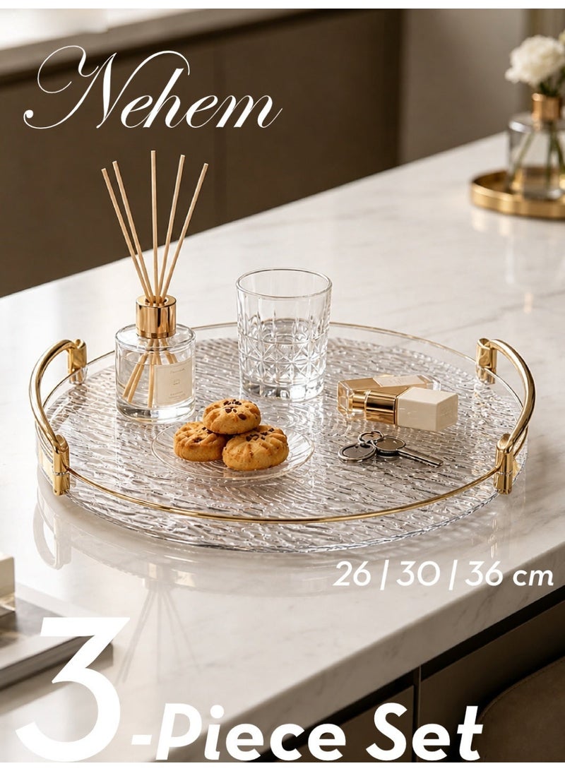 nehem 3 PCS Clear Serving Tray, With Polished Metal Handles, Serving Plate, Wavy Pattern Clear Tray, Spill-Proof Tray, Decorative Serving Tray for Coffee Table, Tea, Storage - Image 2