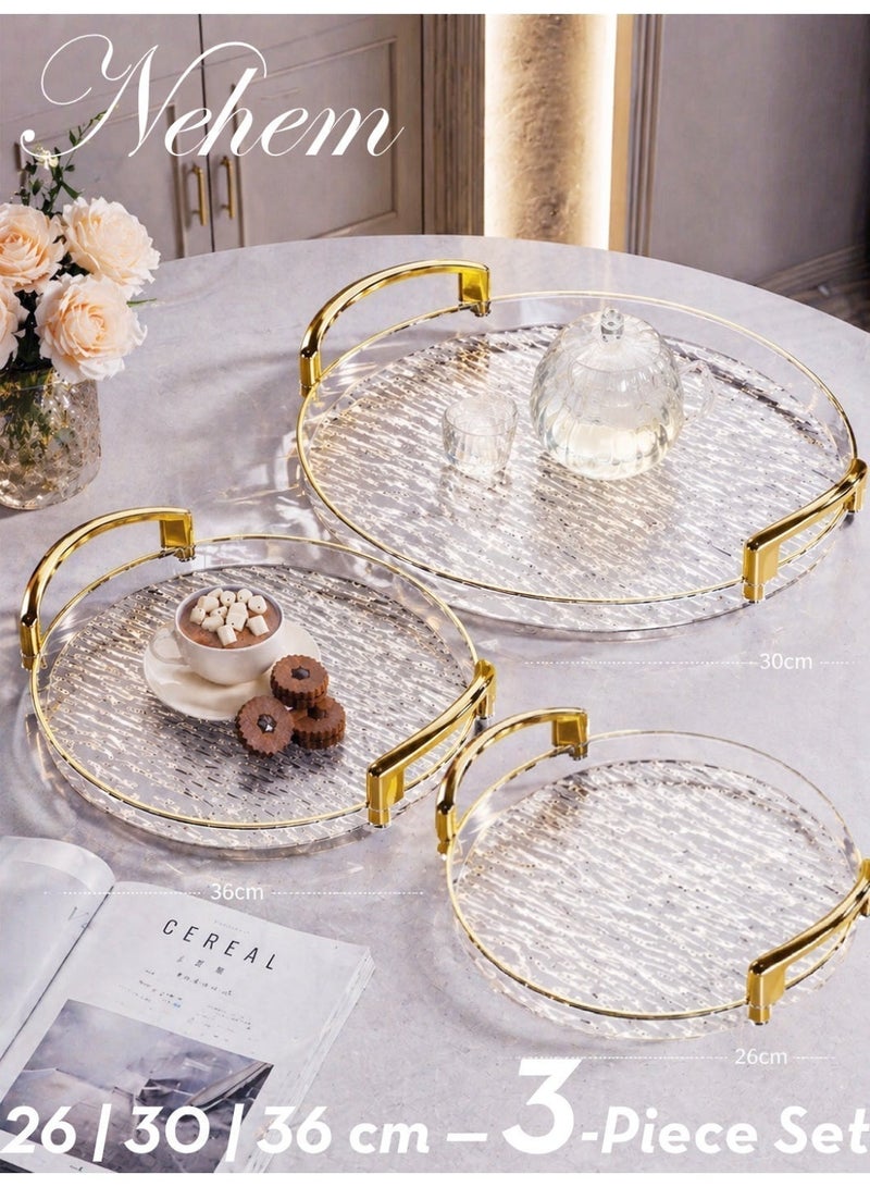 nehem 3 PCS Clear Serving Tray, With Polished Metal Handles, Serving Plate, Wavy Pattern Clear Tray, Spill-Proof Tray, Decorative Serving Tray for Coffee Table, Tea, Storage - Image 4