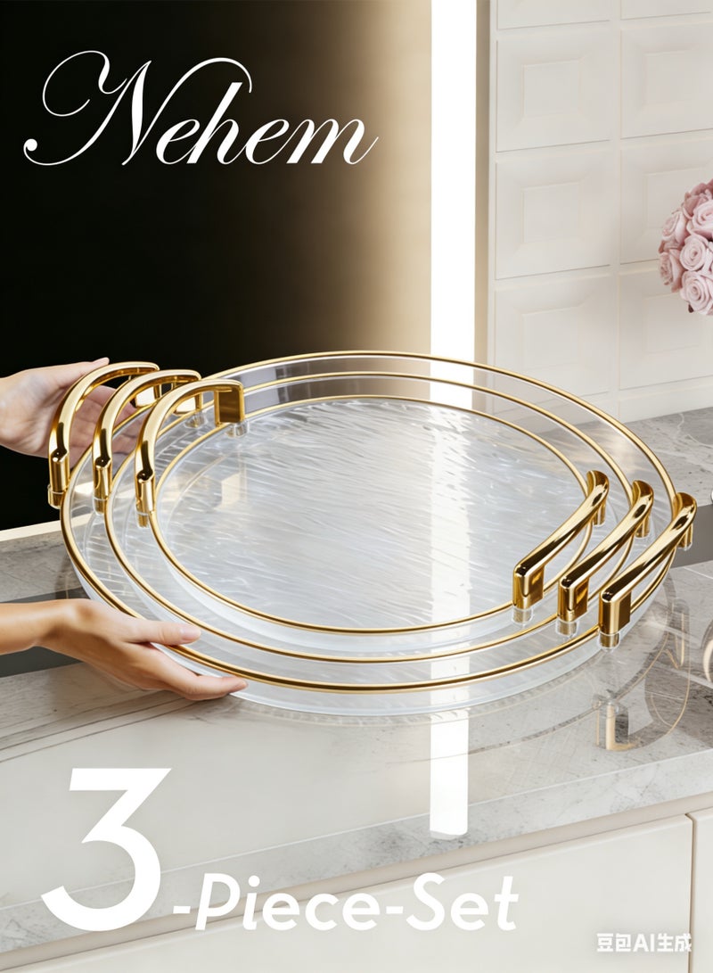 nehem 3 PCS Clear Serving Tray, With Polished Metal Handles, Serving Plate, Wavy Pattern Clear Tray, Spill-Proof Tray, Decorative Serving Tray for Coffee Table, Tea, Storage - Image 1