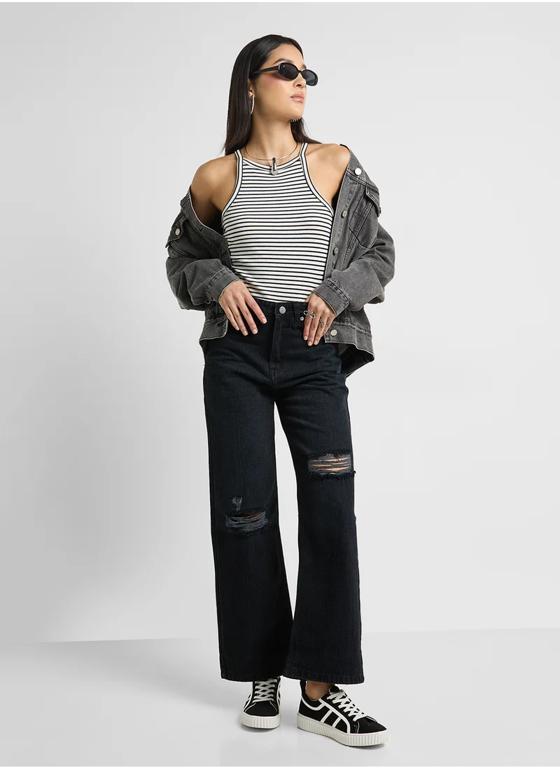 جينجر High Rise Distressed Wide Leg Jeans