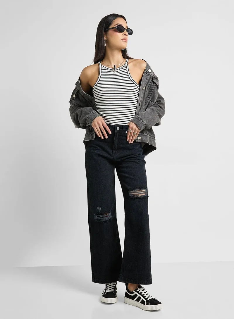 Ginger Black High Rise Distressed Wide Leg Jeans for Women | Best Price UAE
