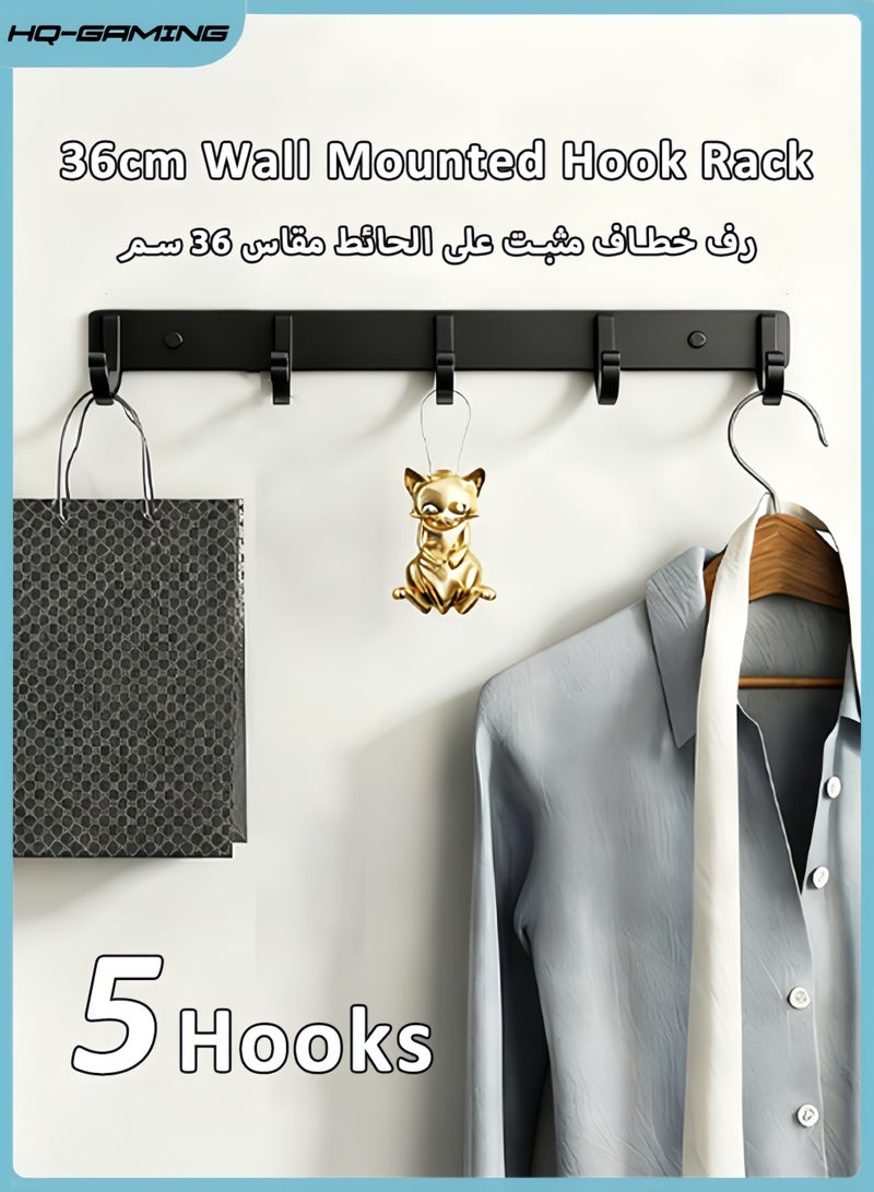 HQ-GAMING Wall Hanger With 5 Hooks Wall Mounted Coat Rack Heavy Duty Metal Coat Hook Rail  Towel Hook Wall Hooks Bathroom Shower Hooks for Coat Hat Towel Purse Robes Mudroom Bathroom Entryway Black - Image 1