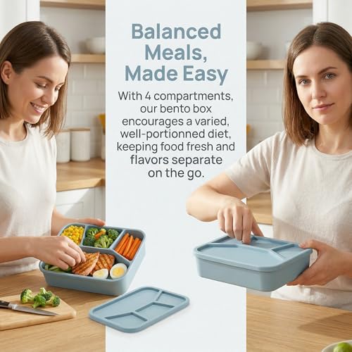 Noamus Silicone Bento Box, 4 Compartment LeakProof Lunch Container, 42 OZ Unbreakable Meal Prep Food Storage Container, Food-Grade Divided Lunch Box for Adult Kid, BPA Free, Oven Dishwasher Safe - Image 5