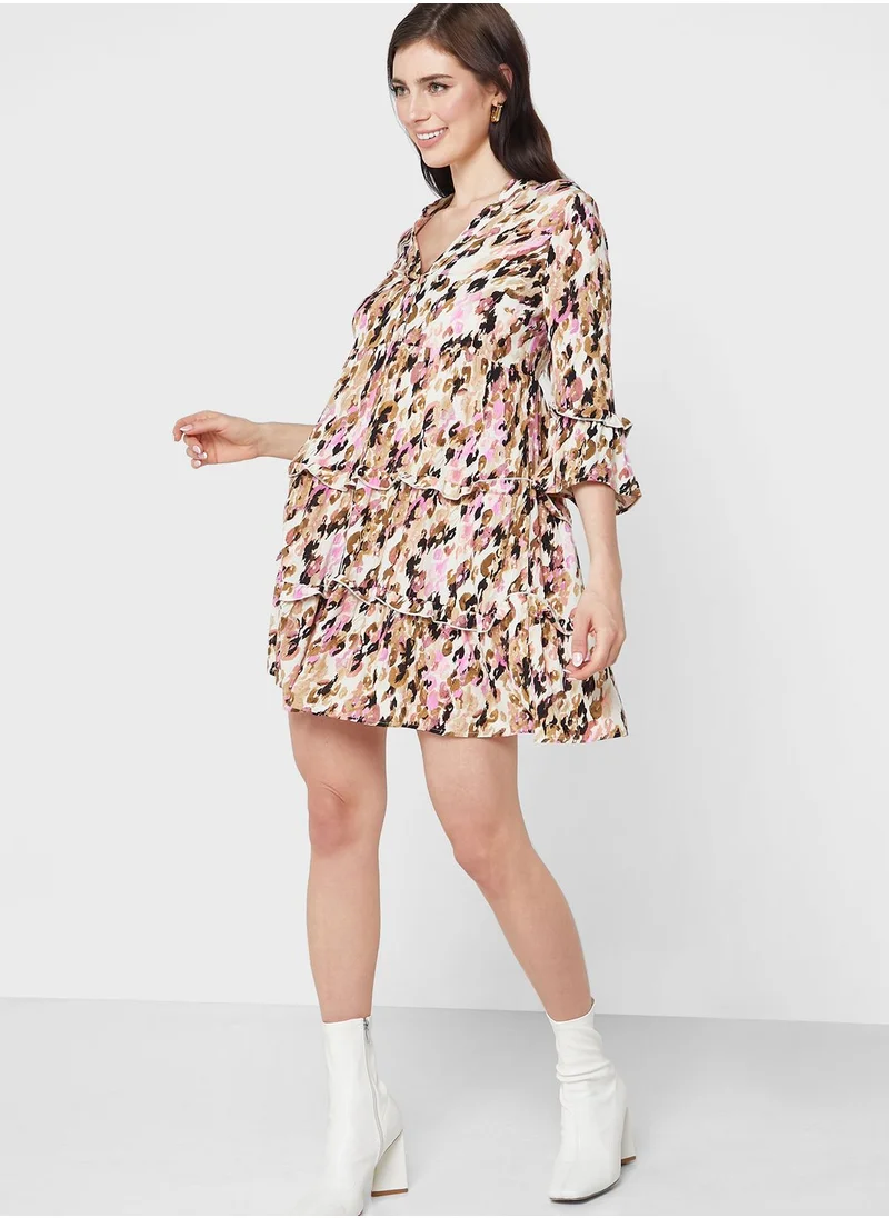 VERO MODA Printed  V-Neck Ruffle Dress