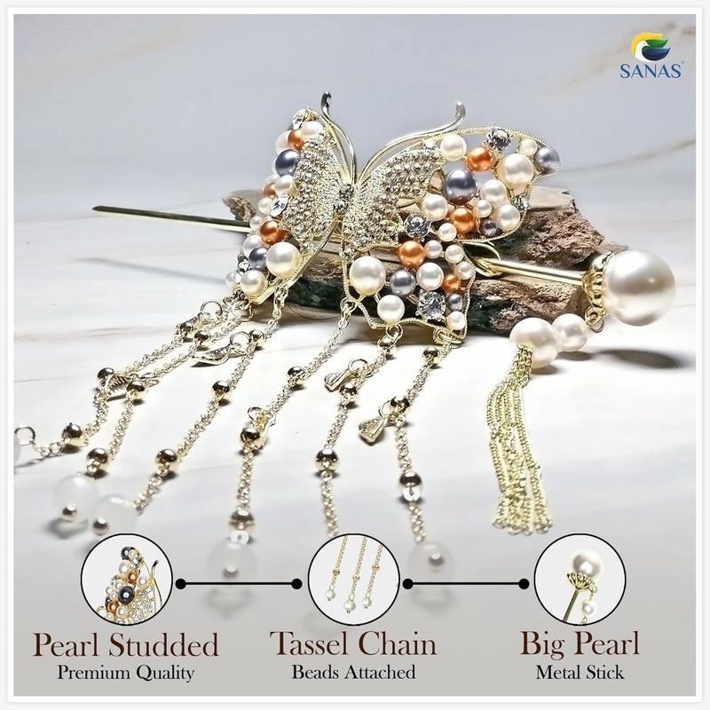 Sanas Pearl Rhinestones Metal Hair Stick Clip 1Pc Butterfly Tassel Long Chain Fork Headwear For Girls Women Wedding Claw Clutcher Exclusive Fashion Head Ornament Korean Pin 1Pc Multicolor - Image 3