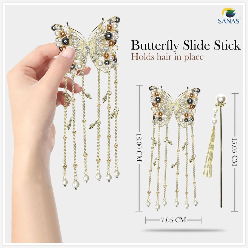 Sanas Pearl Rhinestones Metal Hair Stick Clip 1Pc Butterfly Tassel Long Chain Fork Headwear For Girls Women Wedding Claw Clutcher Exclusive Fashion Head Ornament Korean Pin 1Pc Multicolor - Image 2