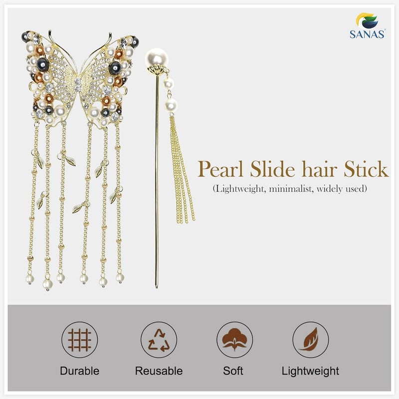 Sanas Pearl Rhinestones Metal Hair Stick Clip 1Pc Butterfly Tassel Long Chain Fork Headwear For Girls Women Wedding Claw Clutcher Exclusive Fashion Head Ornament Korean Pin 1Pc Multicolor - Image 5